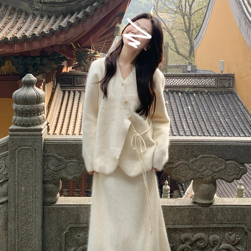 温柔风不规则绑带长袖毛衣连衣裙女2025秋外套针织半身裙套装8997