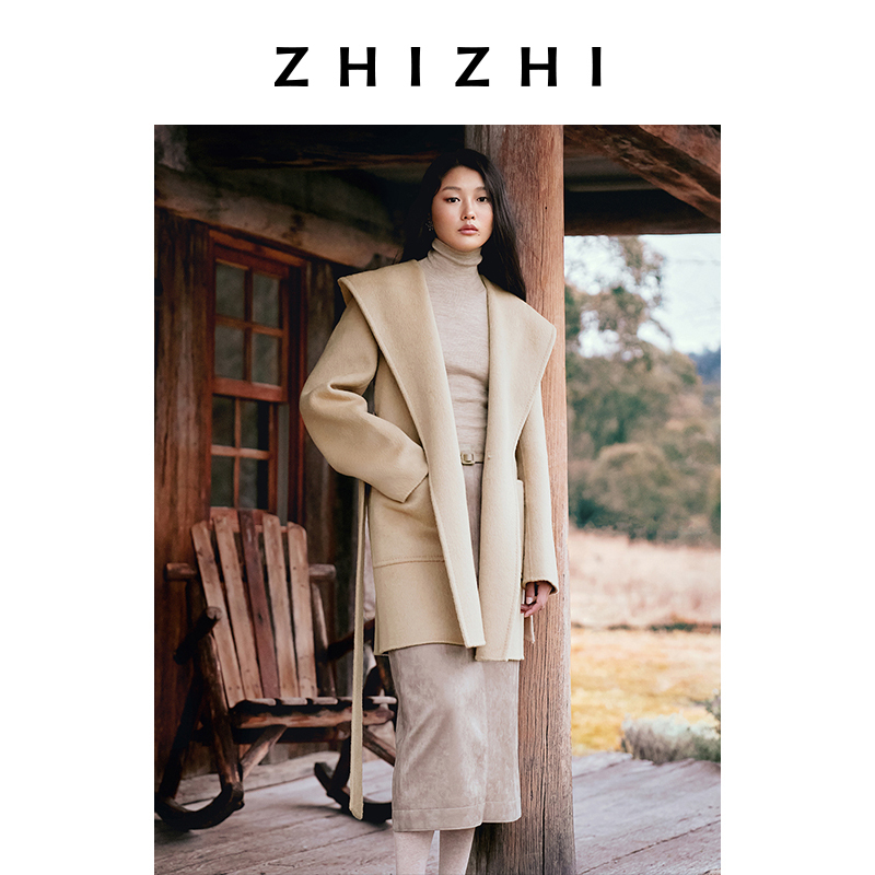 致知 状江南 丝牦牛绒连帽中长款呢大衣25年冬季新款ZZ2EWWW1006