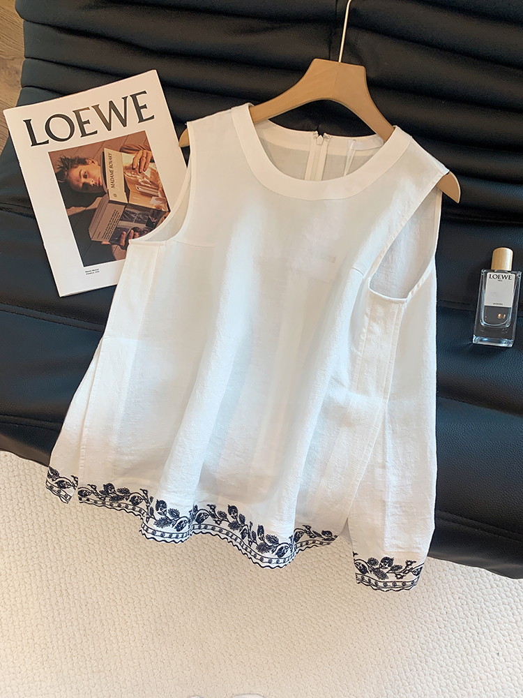 1323老钱风撞色刺绣亚麻背心夏外穿法式复古气质百搭宽松吊带上衣