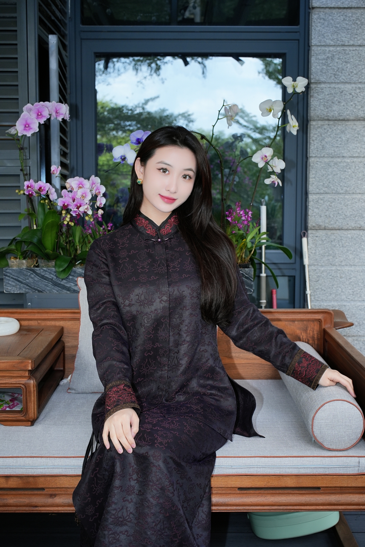 蓝大【梦璃】桑蚕丝立领长袖上衣7433