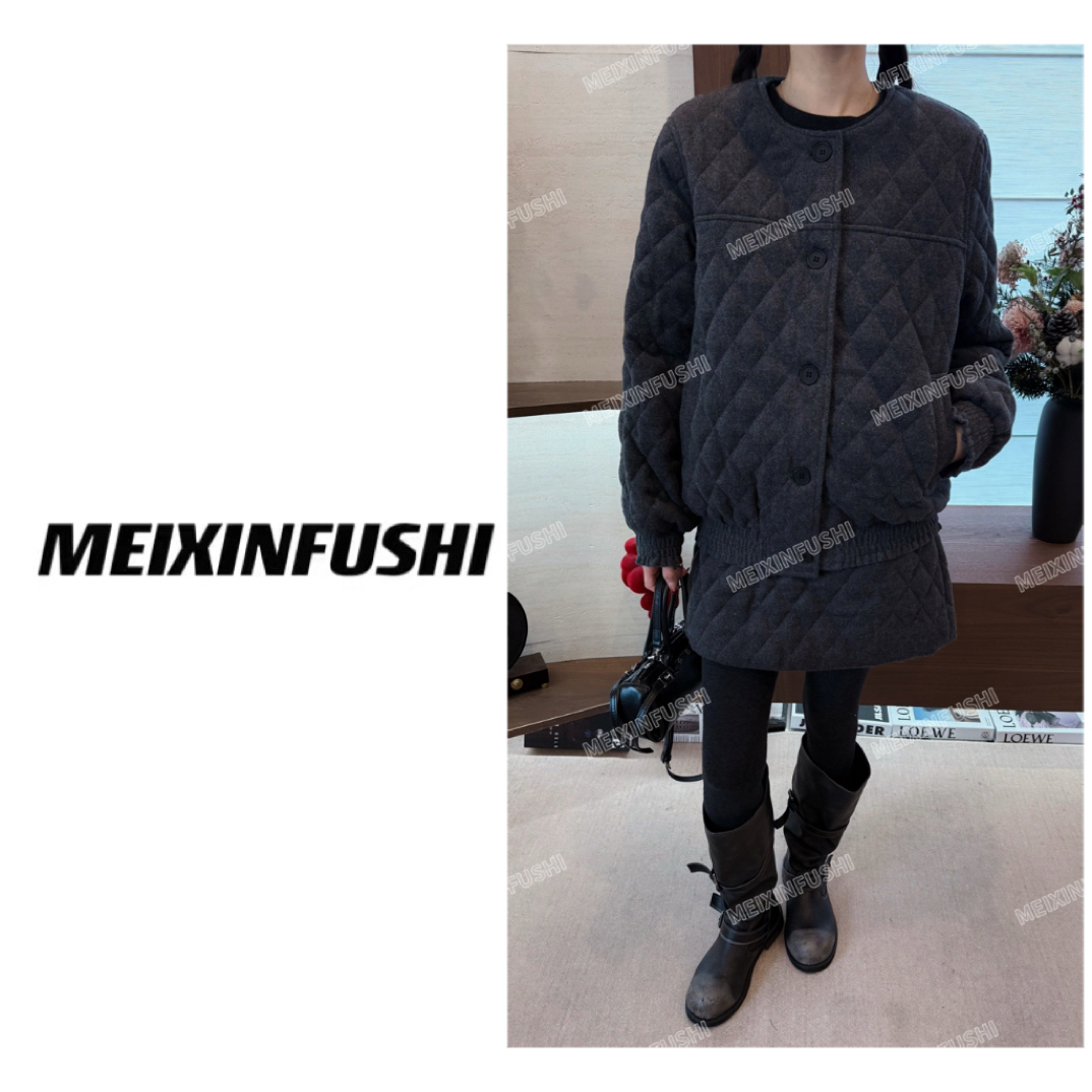 【Mei Xin】菱形格设计外套半裙羽绒两件套/6117/D