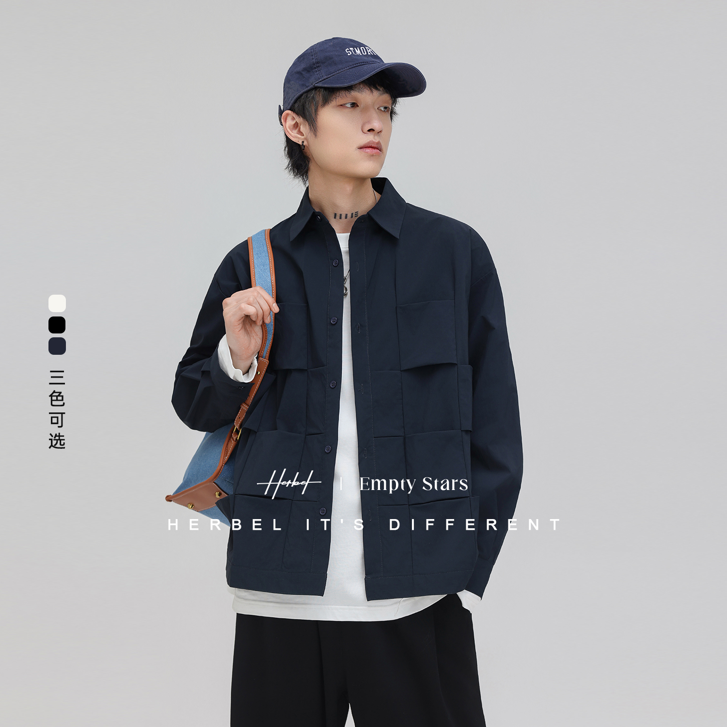 HERBEL/黑白2025秋季新品设计款男士日系宽松休闲长袖衬衫外套