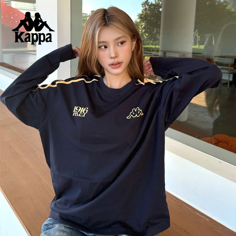 Kappa/卡帕圆领时尚长袖常规款T恤情侣高街撞色日常休闲宽松运动商品图