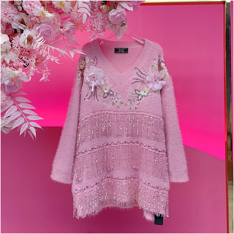 A4590欧美设计师2025冬季新款重工刺绣立体花流苏宽松针织毛衣女