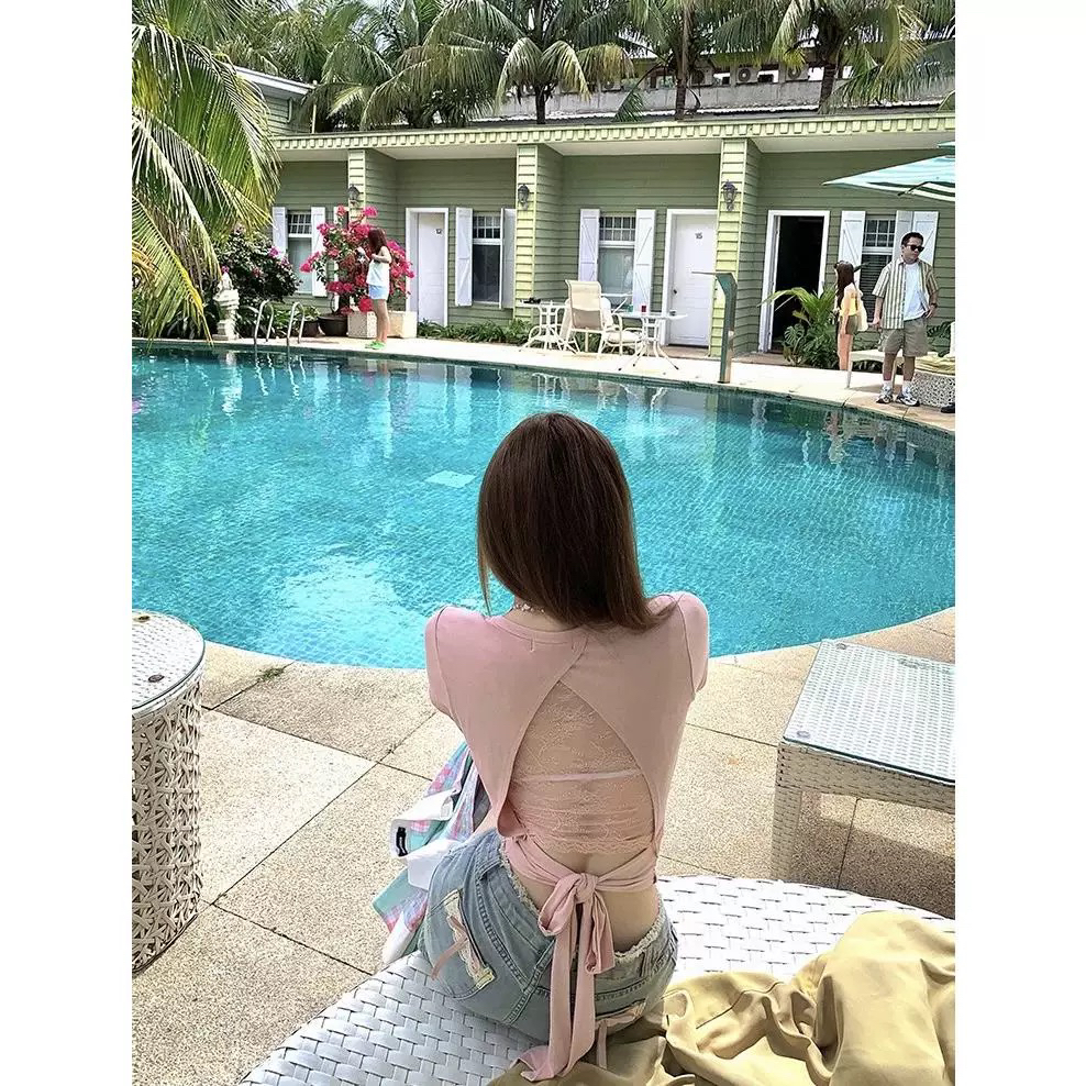 洁哥 新品纯欲辣妹后背绑带T 恤显瘦上衣