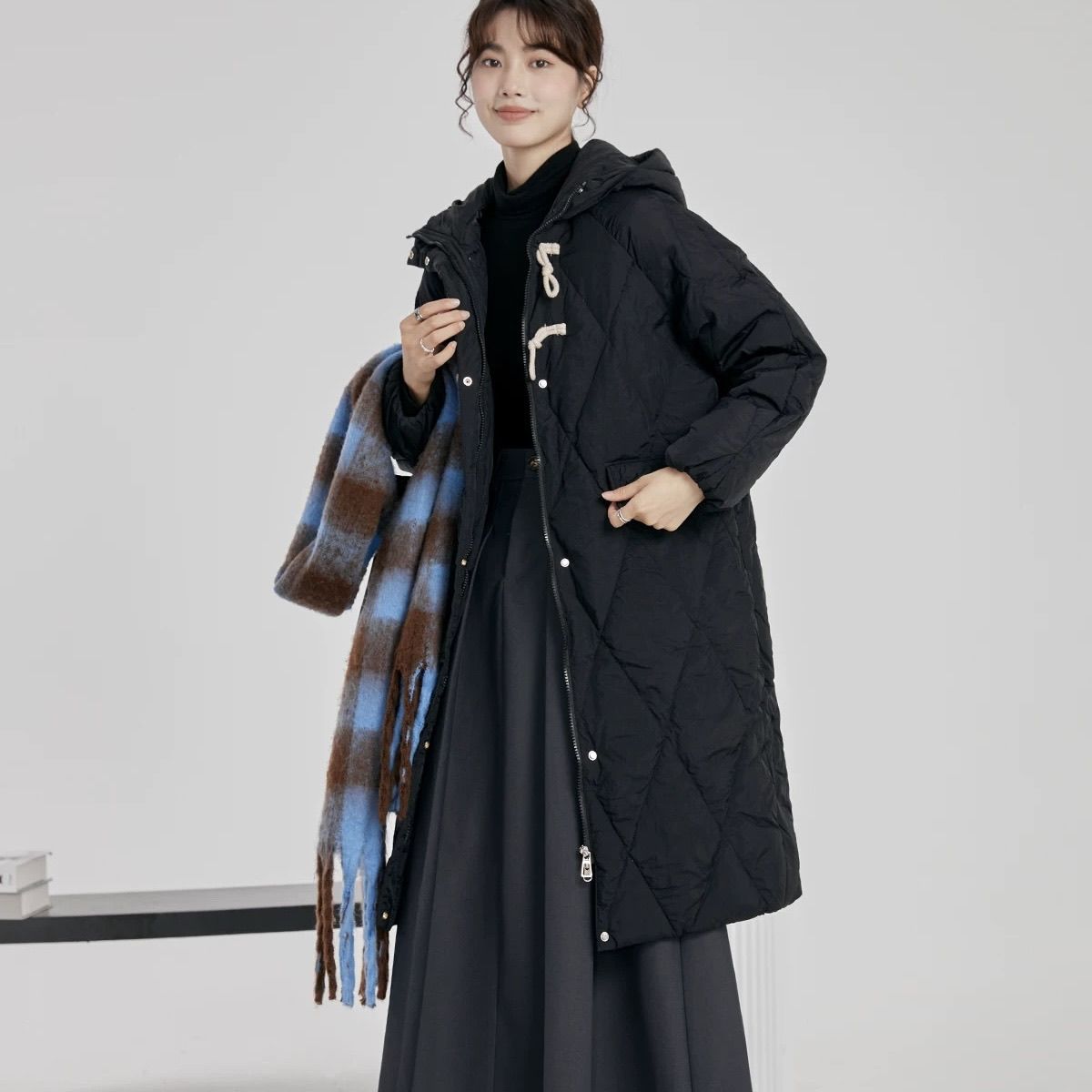 黑色牛角扣中长款511282-2羽绒服女2025冬季新款高级感超好看外套