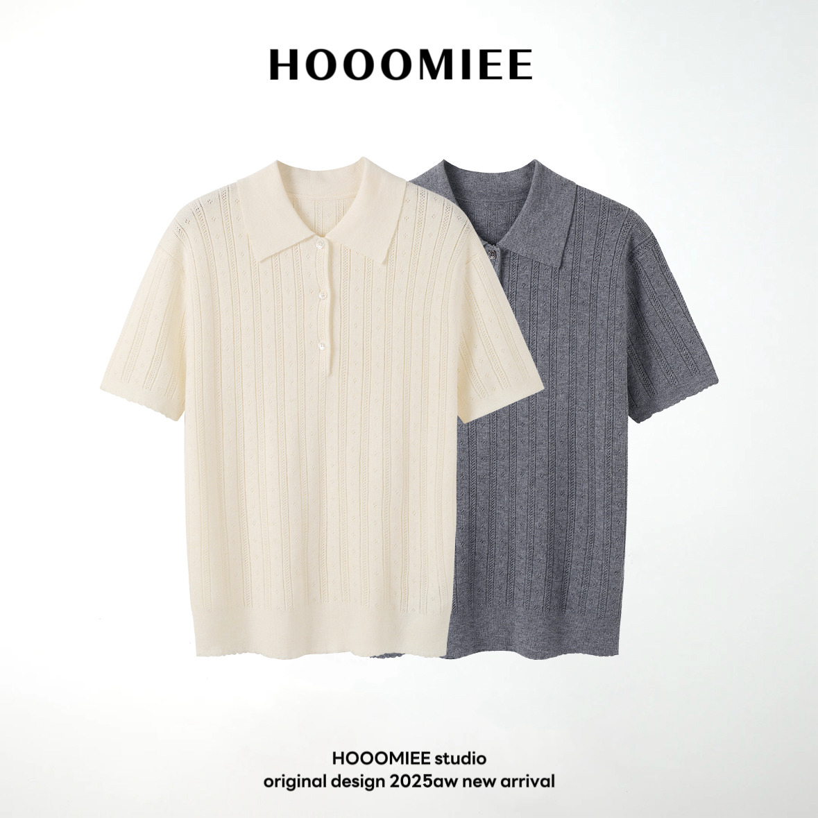Hooomiee复古港风夏季时尚坑条针织Polo领女士短袖2025289