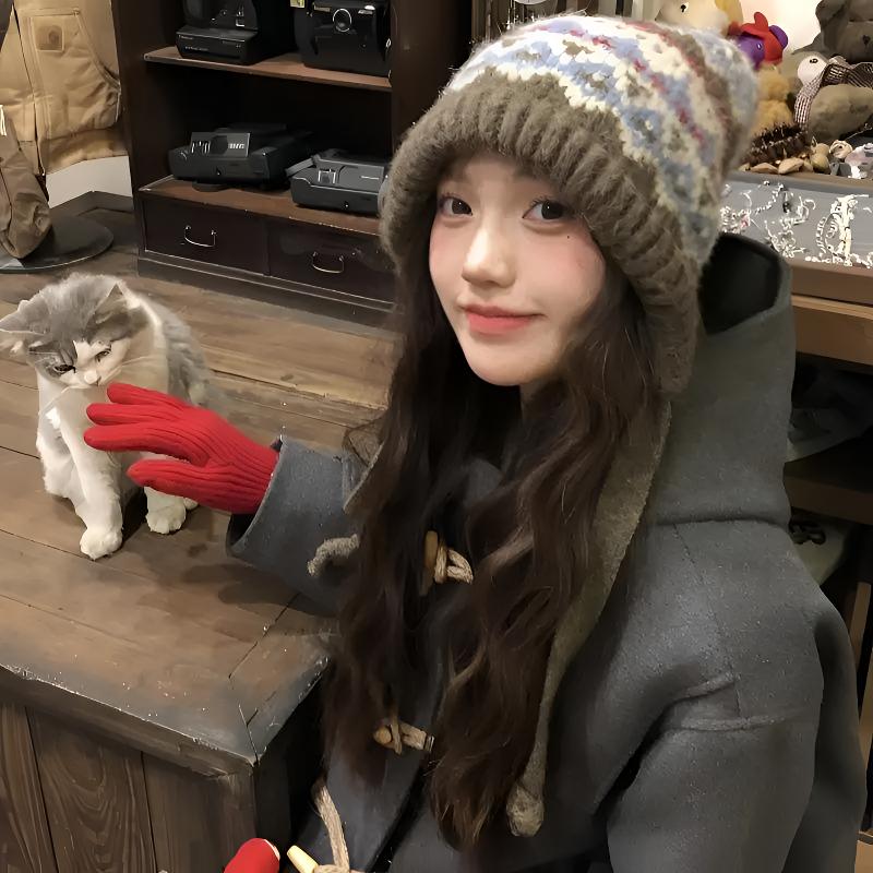 费尔岛风针织毛线帽子女冬季新款复古包包帽保暖护耳堆堆帽潮O250