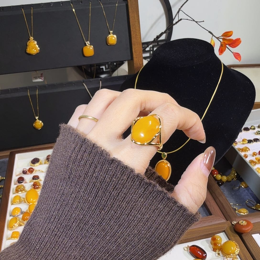 蜜蜡银S925镀金镶嵌戒指