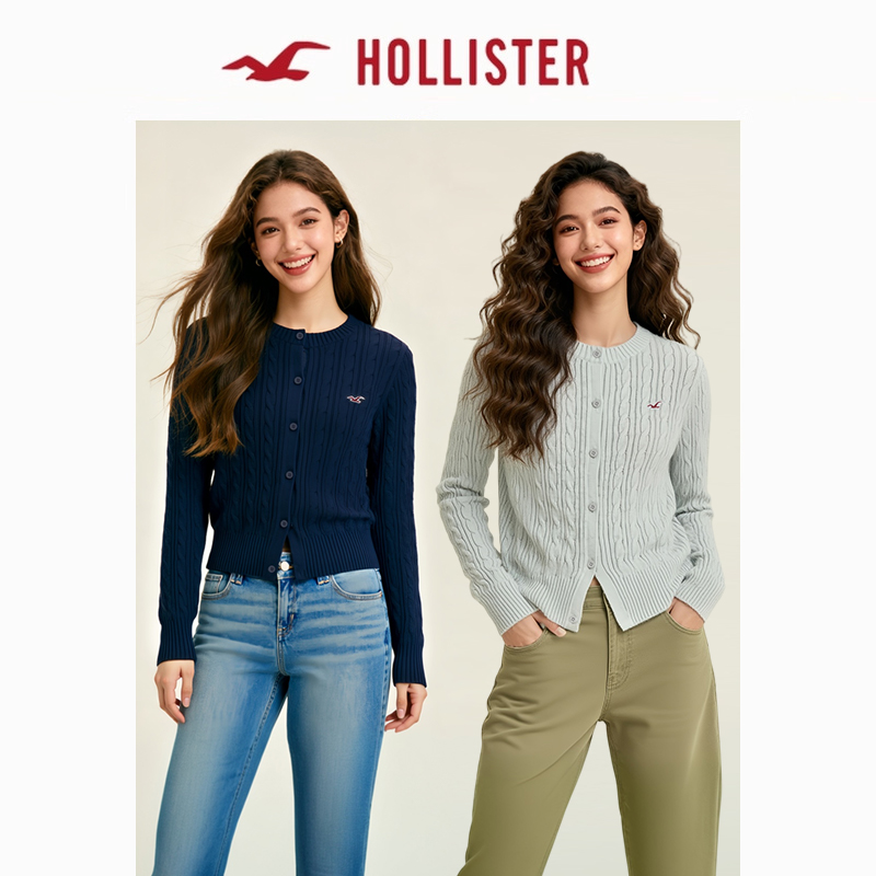 Hollister小海鸥图案25秋冬新款麻花毛衣针织开衫女装350-5328