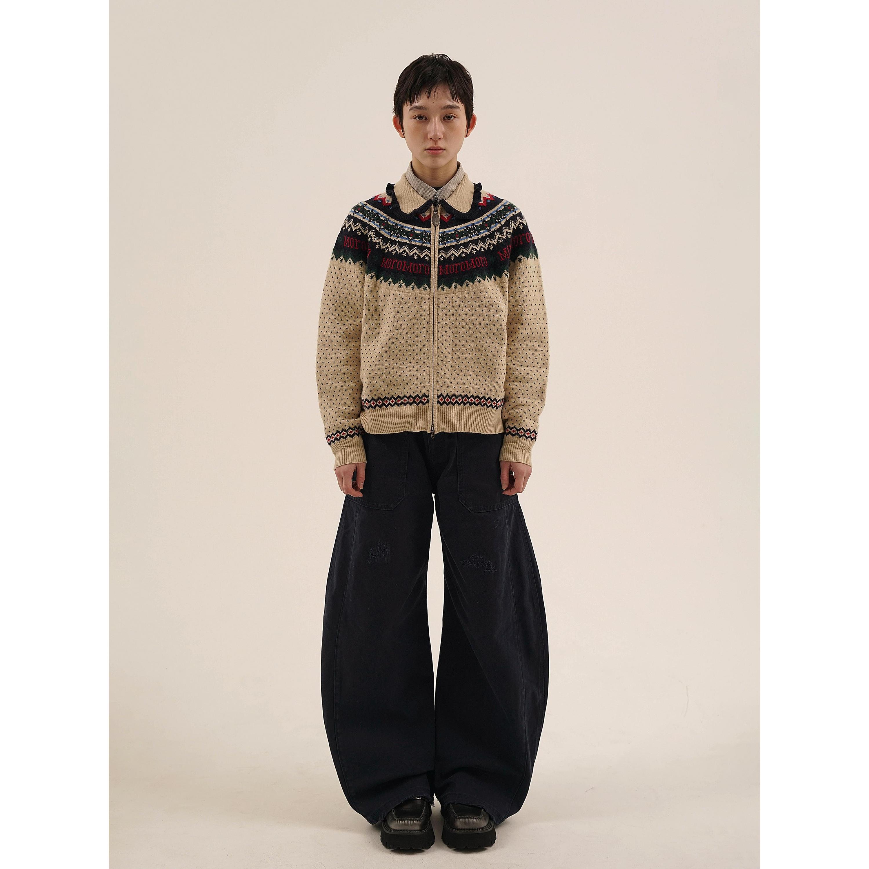 Moromoro秋冬经典费尔岛菱格小花边定制拉头翻领毛衣针织开衫外套