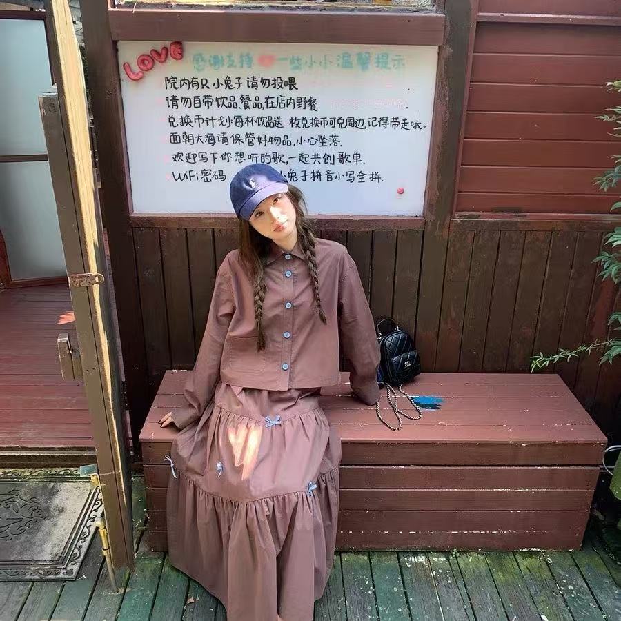 韩版森系复古咖色学院风减龄长袖衬衫高腰蝴蝶结半身裙显瘦两件套