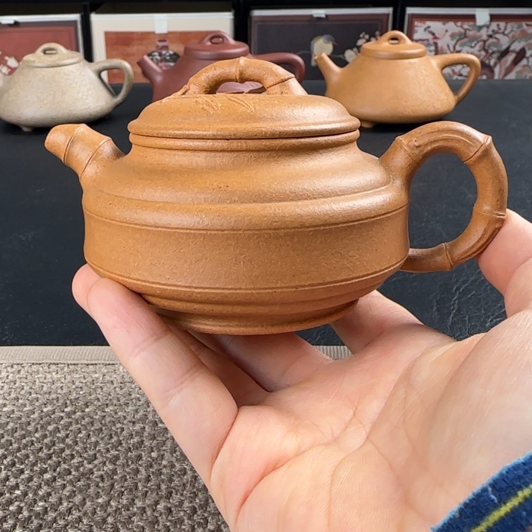紫砂茶壶双线竹鼓150ml老宕半手