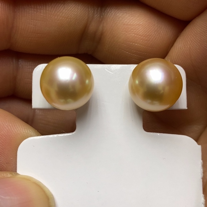 海水珍珠金珍珠干楛玫瑰耳钉18K金镶嵌