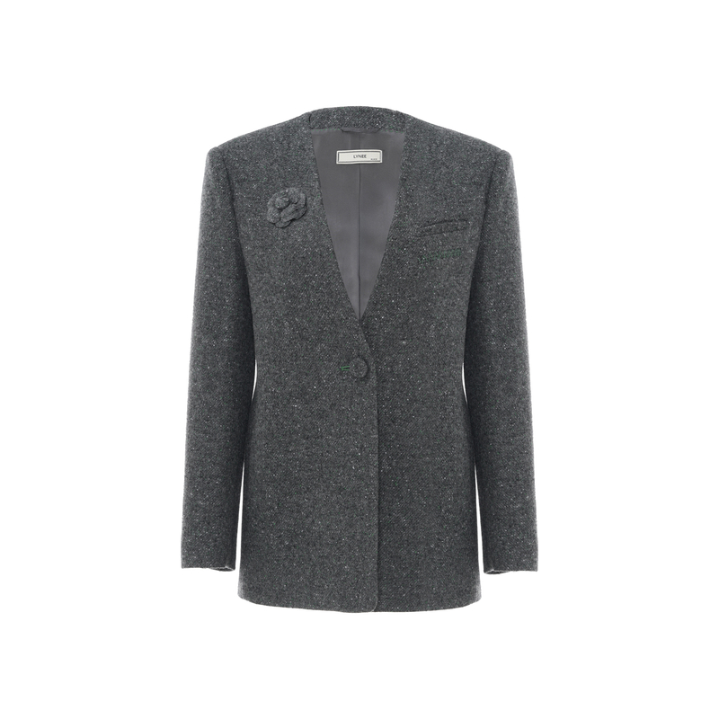 LYNEE【黑标系列】花呢饰花朵直身无领西装外套女 LGD2EAW187