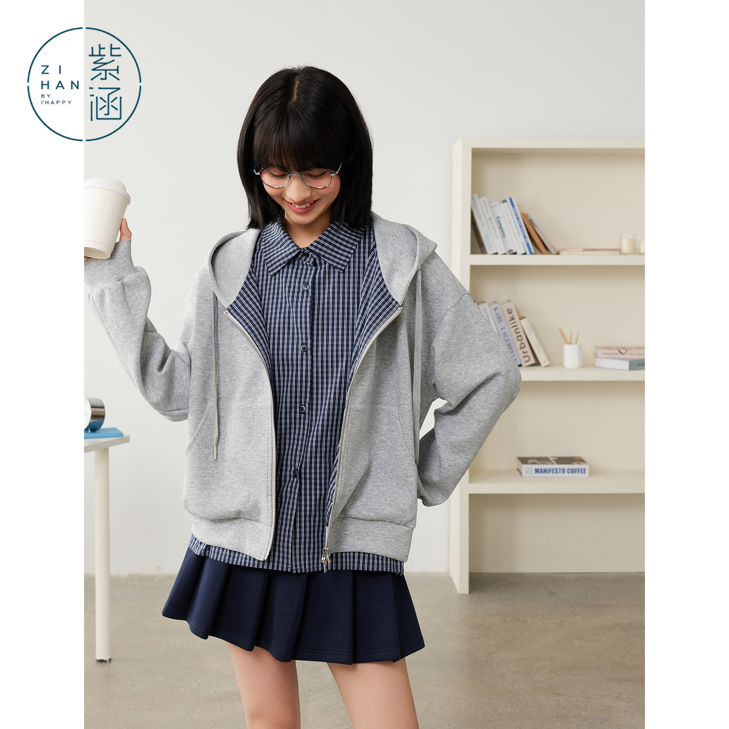 紫涵灰色连帽卫衣外套女2025秋季新款宽松休闲拉链上衣Z5Z07AW284