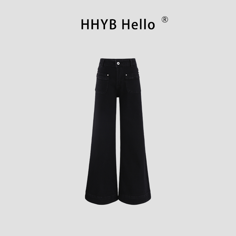 HHYB Hello黑色直口袋设计喇叭裤宽松阔腿牛仔长裤女Q254333