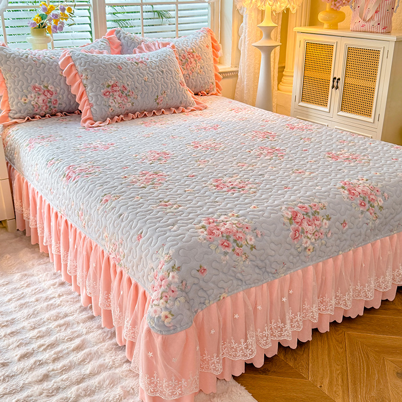 冬季加厚牛奶绒床盖单件蕾丝花边珊瑚绒夹棉床单双面绒保暖三件套