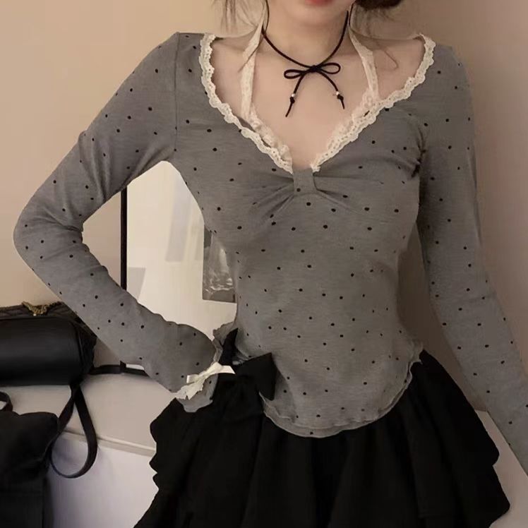 【现货】大码辣妹蕾丝秋冬新款挂脖打底衫修身显瘦波点上衣女-2643