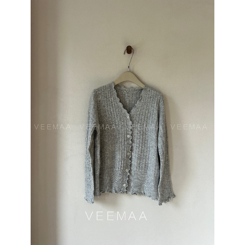 【Veemaa】木耳 定制款秋冬木耳边v领灰色绵羊毛开衫毛衣61cm