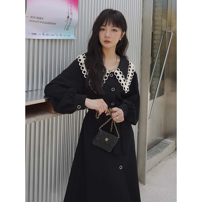娃娃领黑色连衣裙女2025春秋高级感气质名媛收腰裙子LJ0048