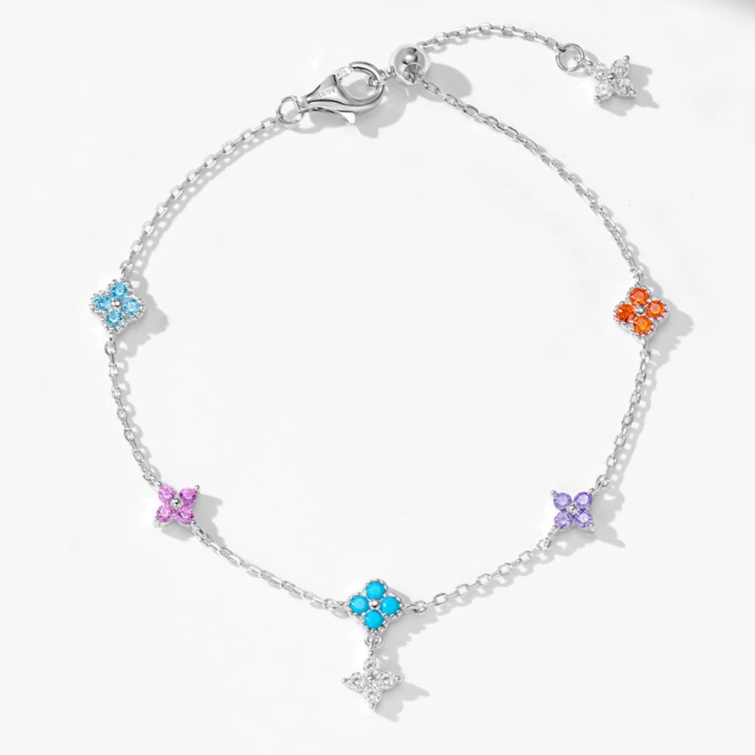 925银合成锆石手链 多巴胺彩虹~四叶草小花手链女925银气质百搭