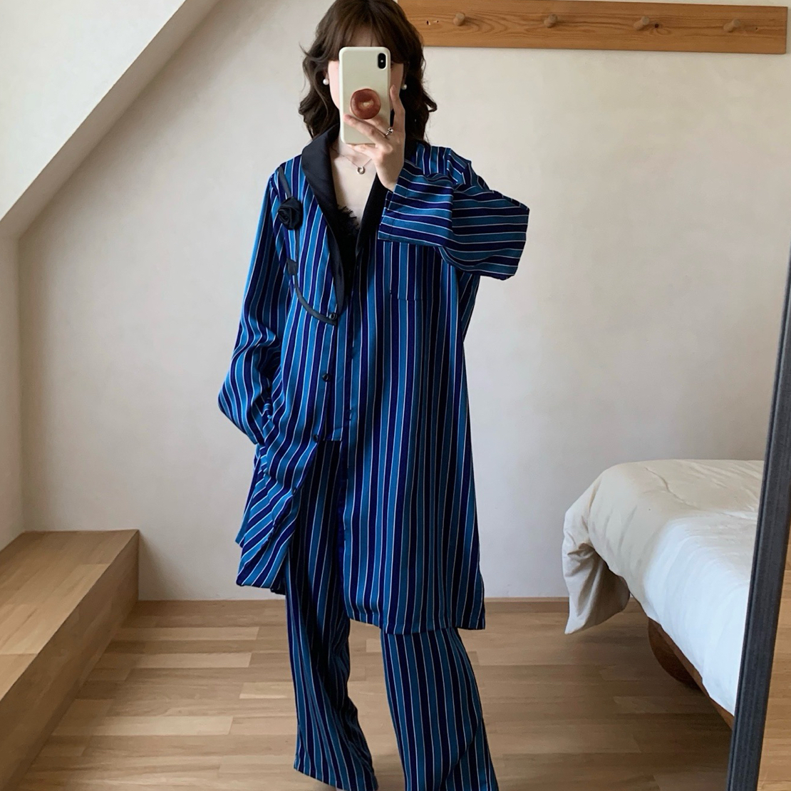 韩系复古拼色条纹冰丝三件套吊带裤子袍子大牌风家居服套装