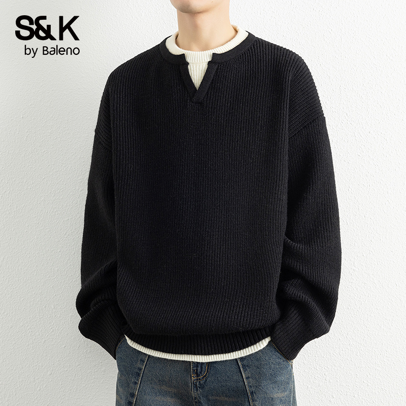 班尼路2025秋冬季假两件毛衣新款复古百搭日系圆领针织衫打底男款