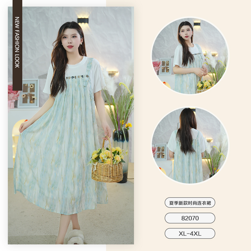 2025 夏季新款时尚气质大码短袖长款连衣裙-82070