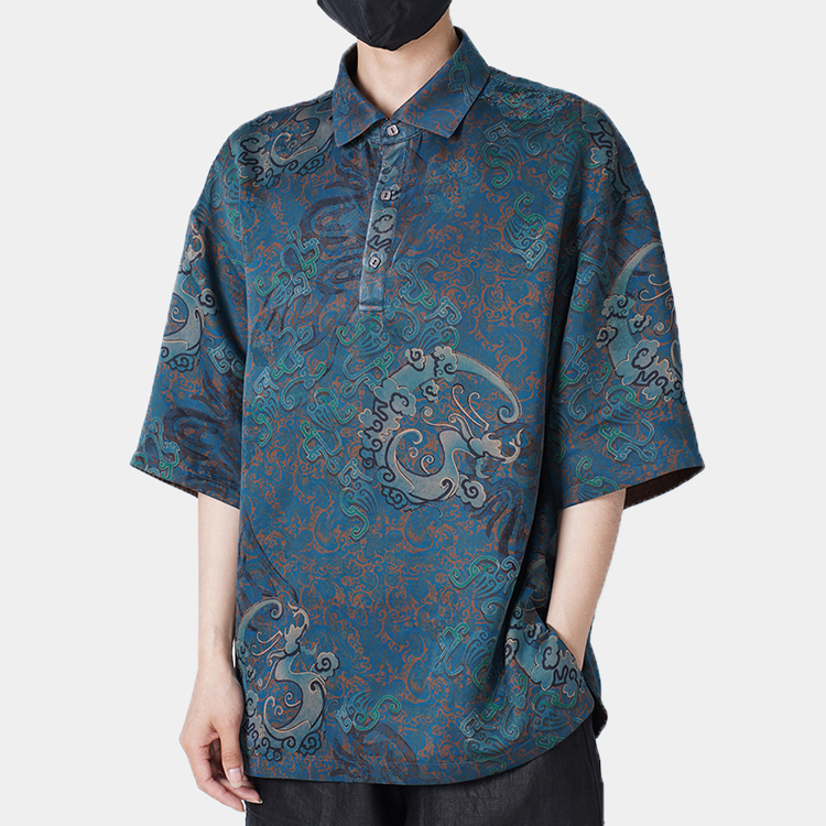 99279 男士双面穿短袖 桑蚕丝提花缎红云纱新中式复古休闲上衣