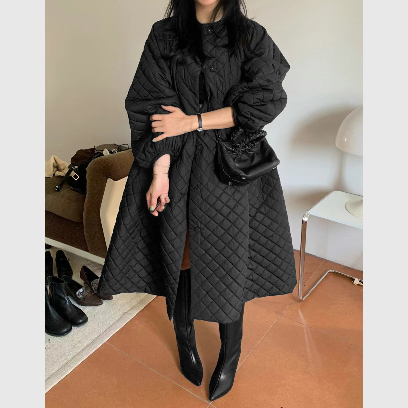 法式复古菱格保暖泡泡袖棉服外套5212-3817