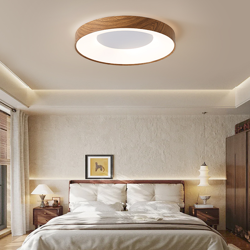 中古风灯具简约胡桃木圆吸顶灯2024新款美式复古书房间卧室吸顶灯