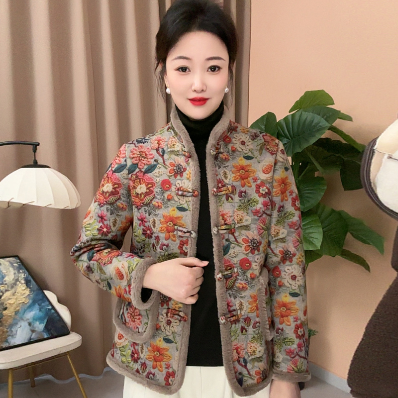 新款秋冬女短款加绒棉袄外套花海立领中老年人妈妈装气质上衣