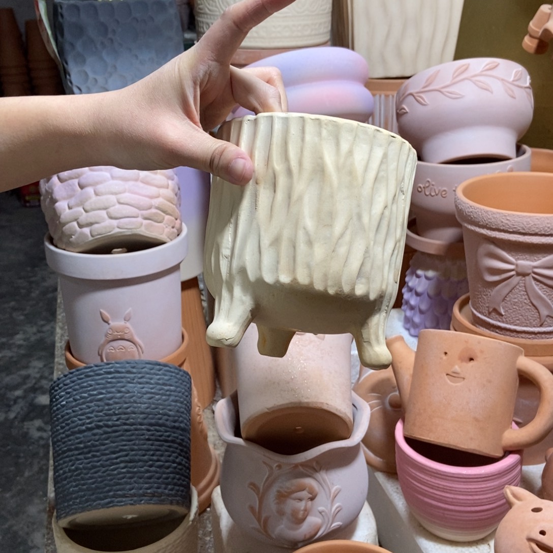 13×14白陶三脚树纹盆 粗陶1个