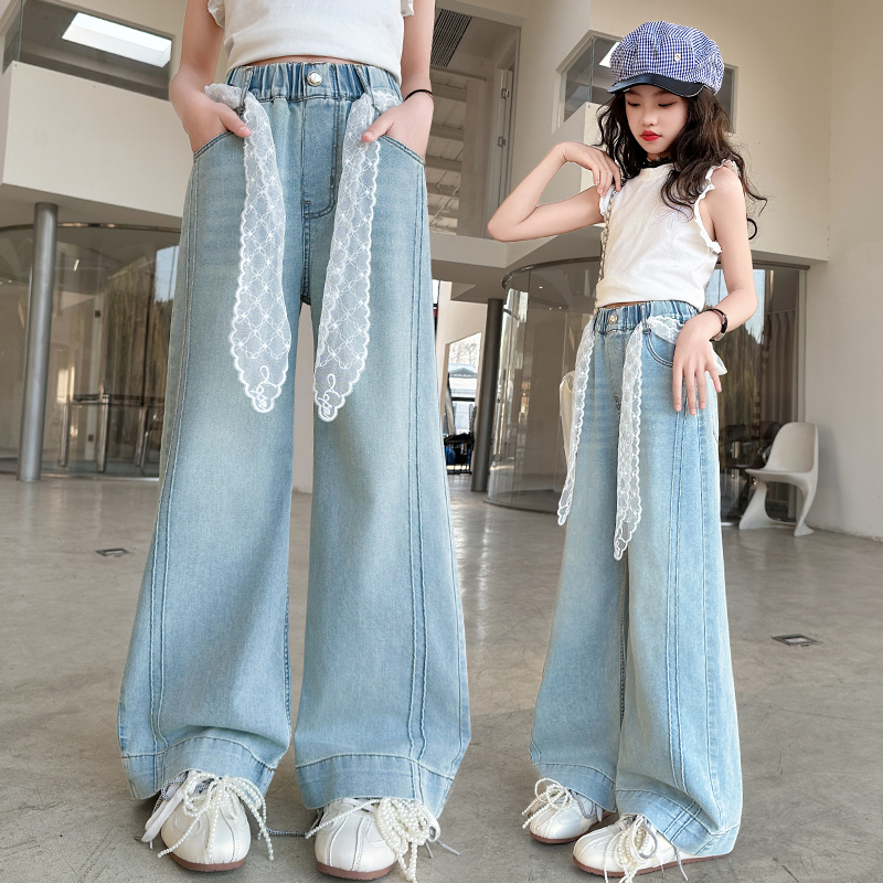 女童春秋牛仔阔腿显瘦2025新款6-12岁中大童学生女孩韩版直筒裤子