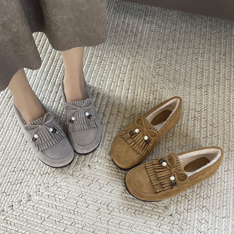 真皮复古冬季豆豆鞋流苏内增高勃肯鞋女内增高厚底毛毛鞋全包袋鼠