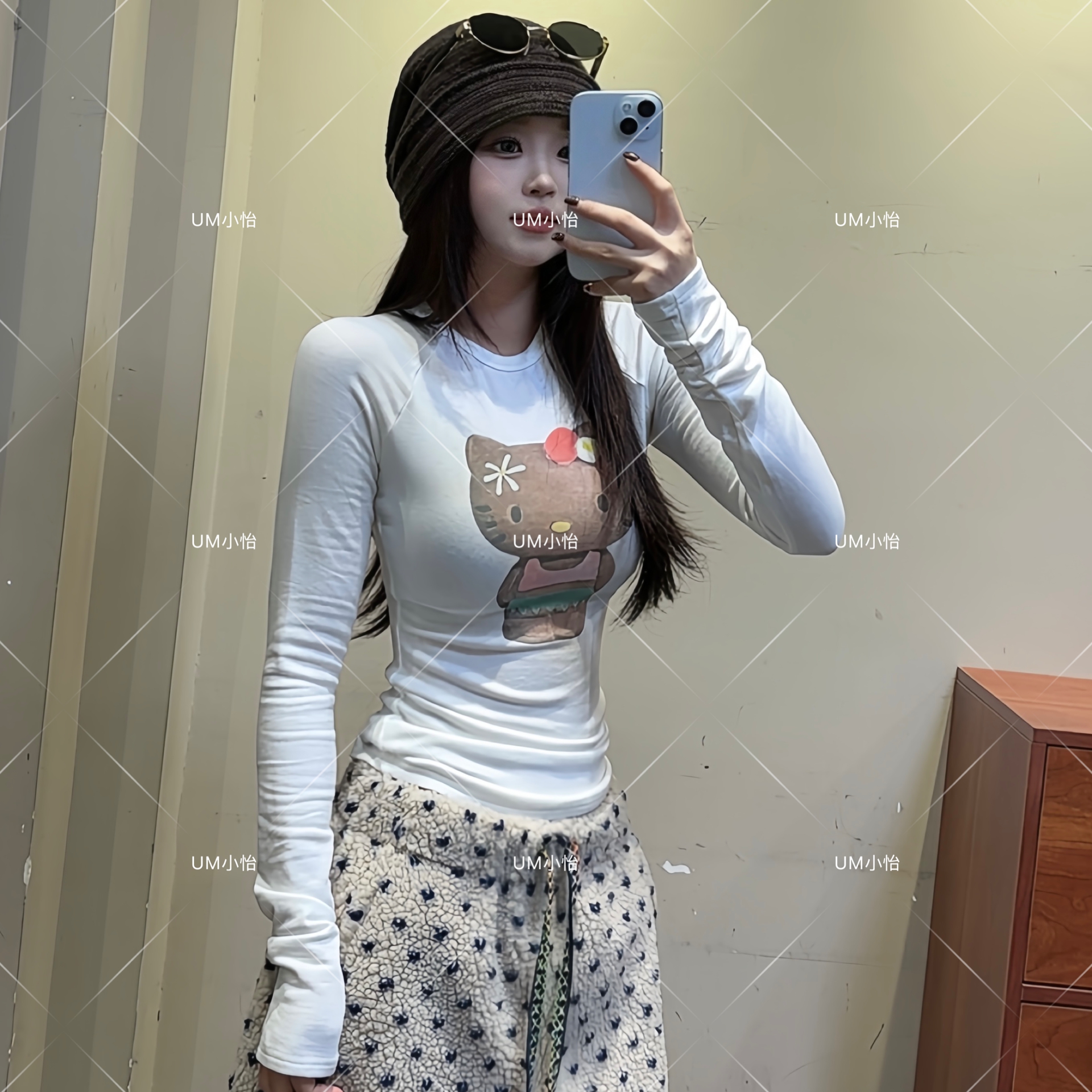 鑫怡定制 【浮光咪记】冬季新款印花猫猫设计修身加绒打底上衣