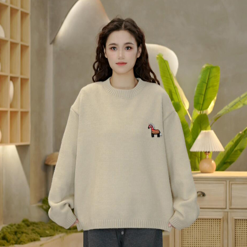 2226纯色落肩袖毛衣女秋冬季新款加厚套头宽松圆领针织衫软糯上衣