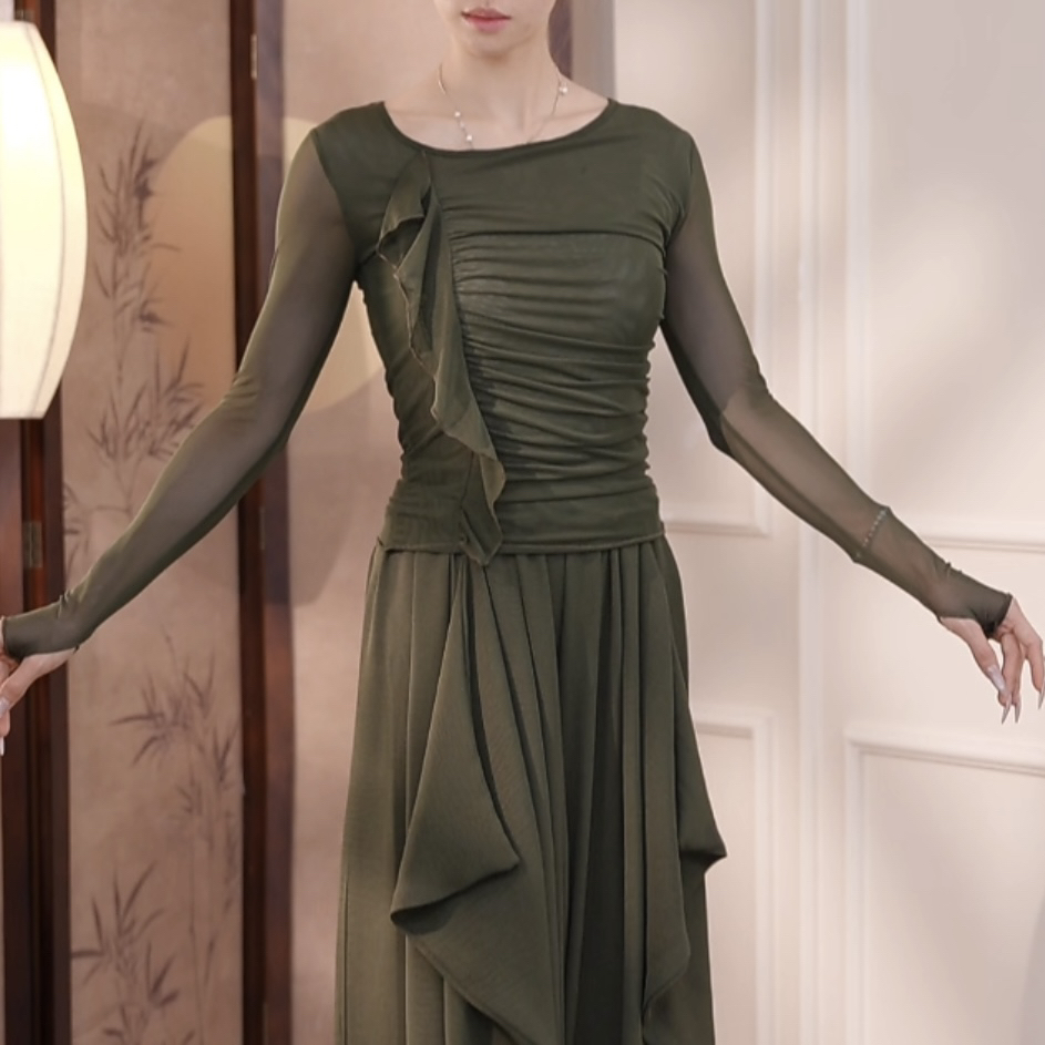 MuMu长袖褶皱水纱气质优雅短袖舞蹈服显瘦可外穿形体服上衣