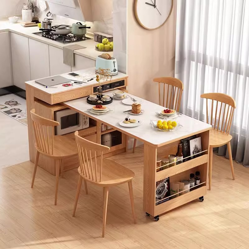 易可【原木风】岛台餐桌一体可旋转伸缩实木小户型多功能岩板吧台桌