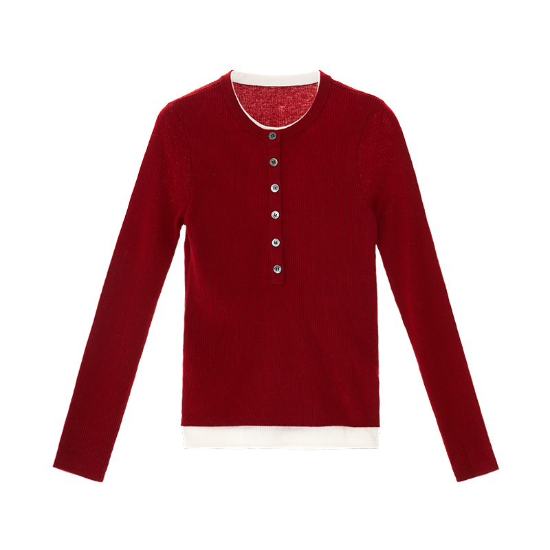 【达人专属】红色套头修身显瘦打底假两件毛衫Z5C5040