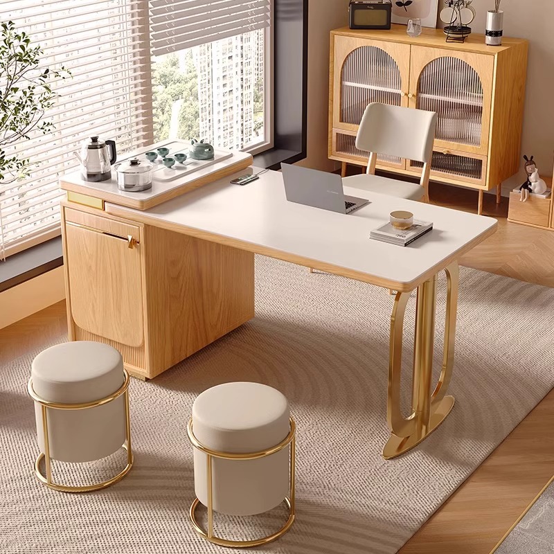 岩板伸缩茶桌书桌一体两用北欧白蜡木餐桌客厅家用伸缩实木泡茶台