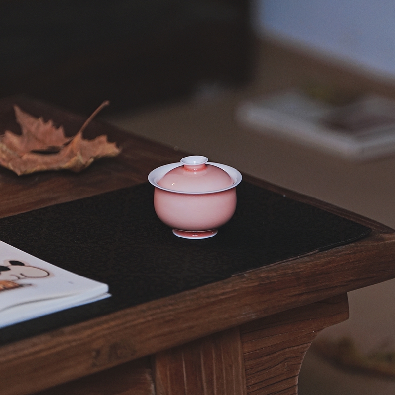 功夫茶小粉盖碗粉色圆缸杯景德镇功夫茶具茶杯家用送礼礼品
