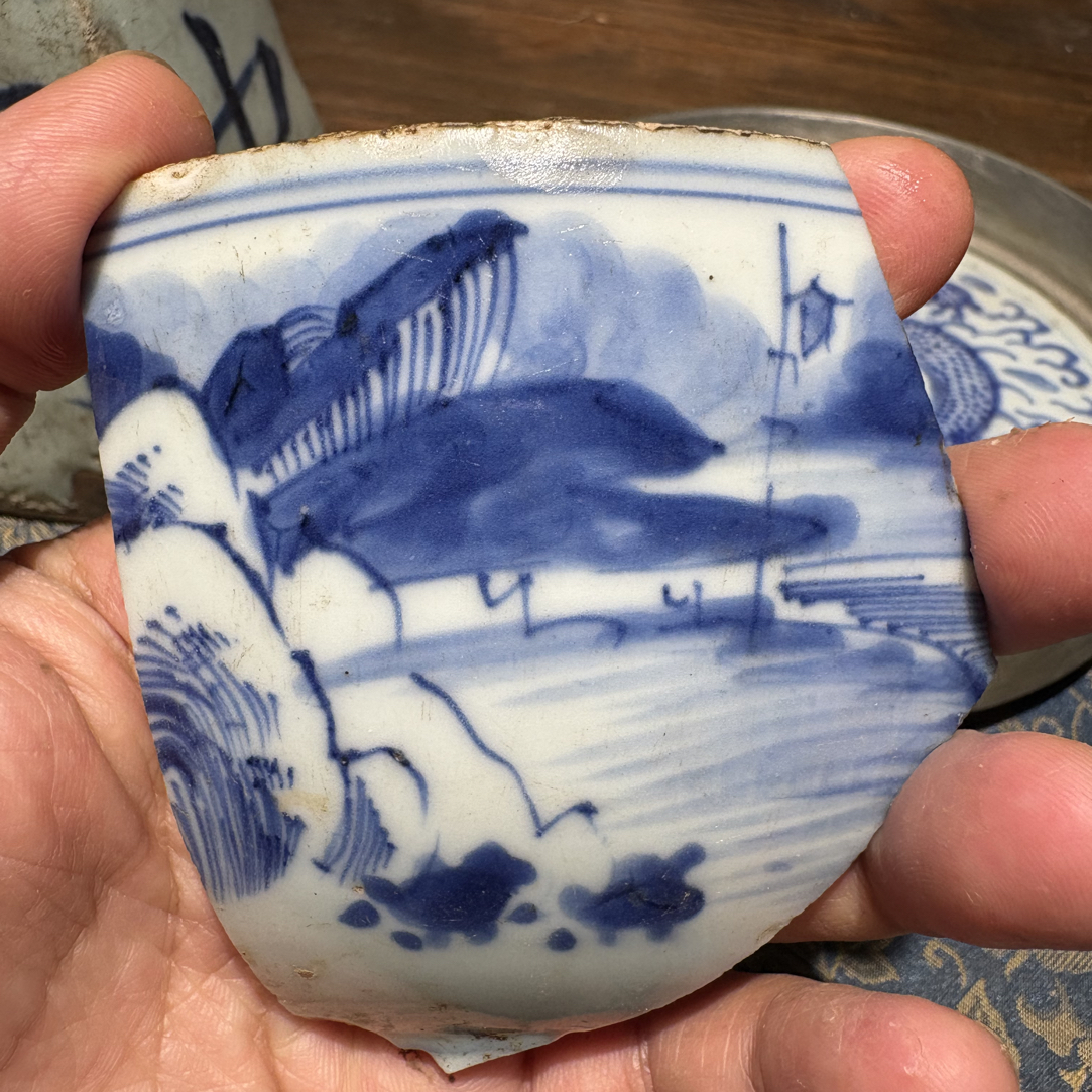 Q康青花山水风景图瓷片标本学习收藏顺丰包邮全手工制作