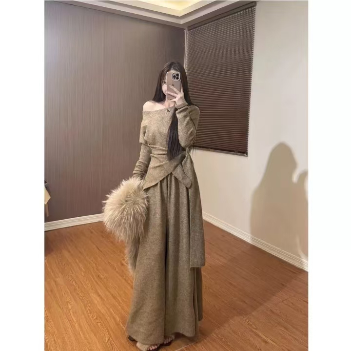 女装大码2025超火冬装一整套高级感蝴蝶结毛衣+阔腿裤两件套装女