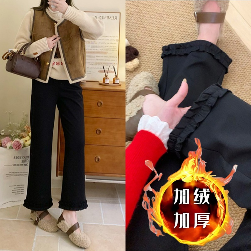黑色木耳花边休闲裤女秋冬加绒胖妹妹mm梨形报恩裤宽松显瘦阔腿裤