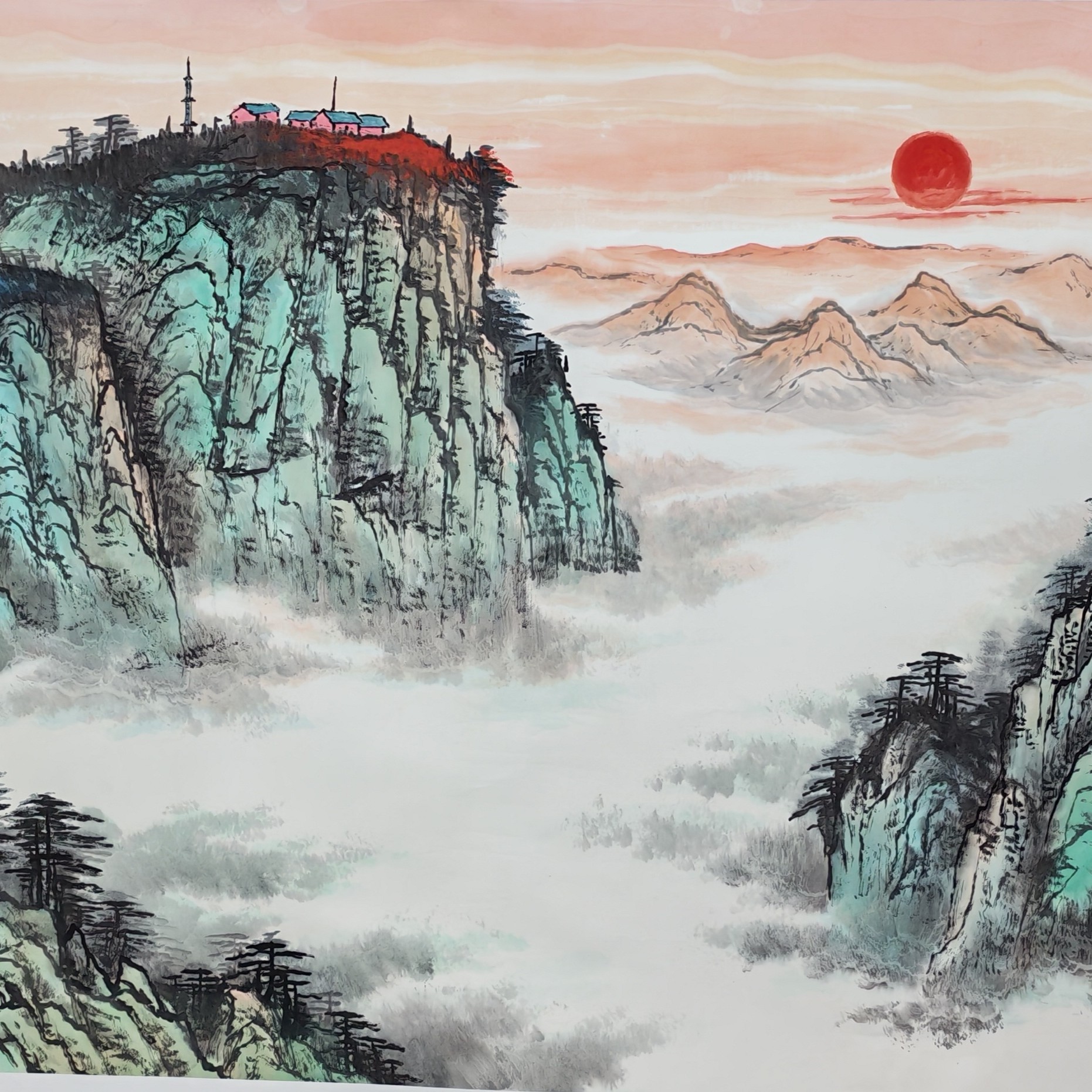宣纸国画山水旭日东升画心尺寸68x180已托心无框