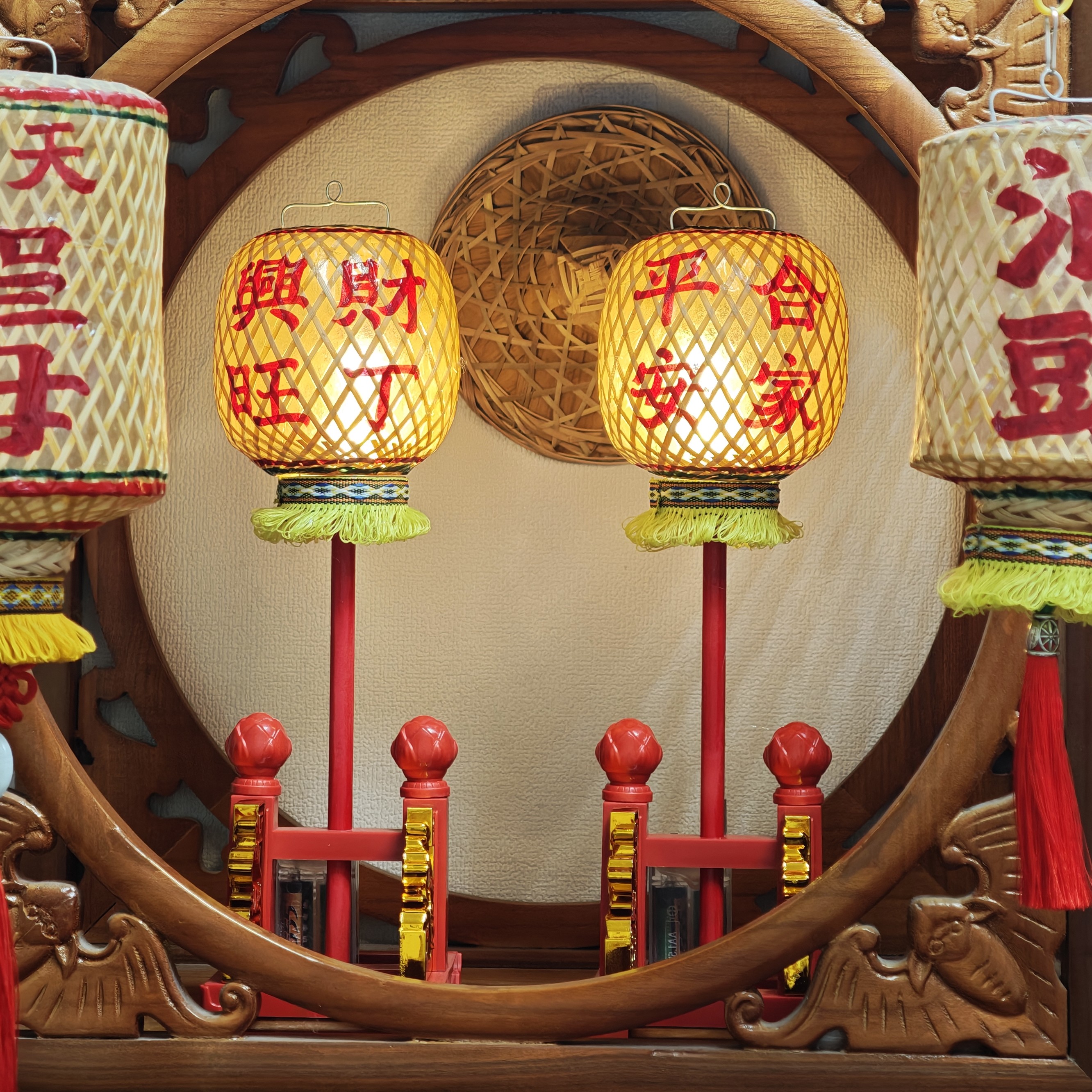 中秋竹编油纸高灯春节传统潮汕迷你灯笼发光烛台摆件--文字可定制