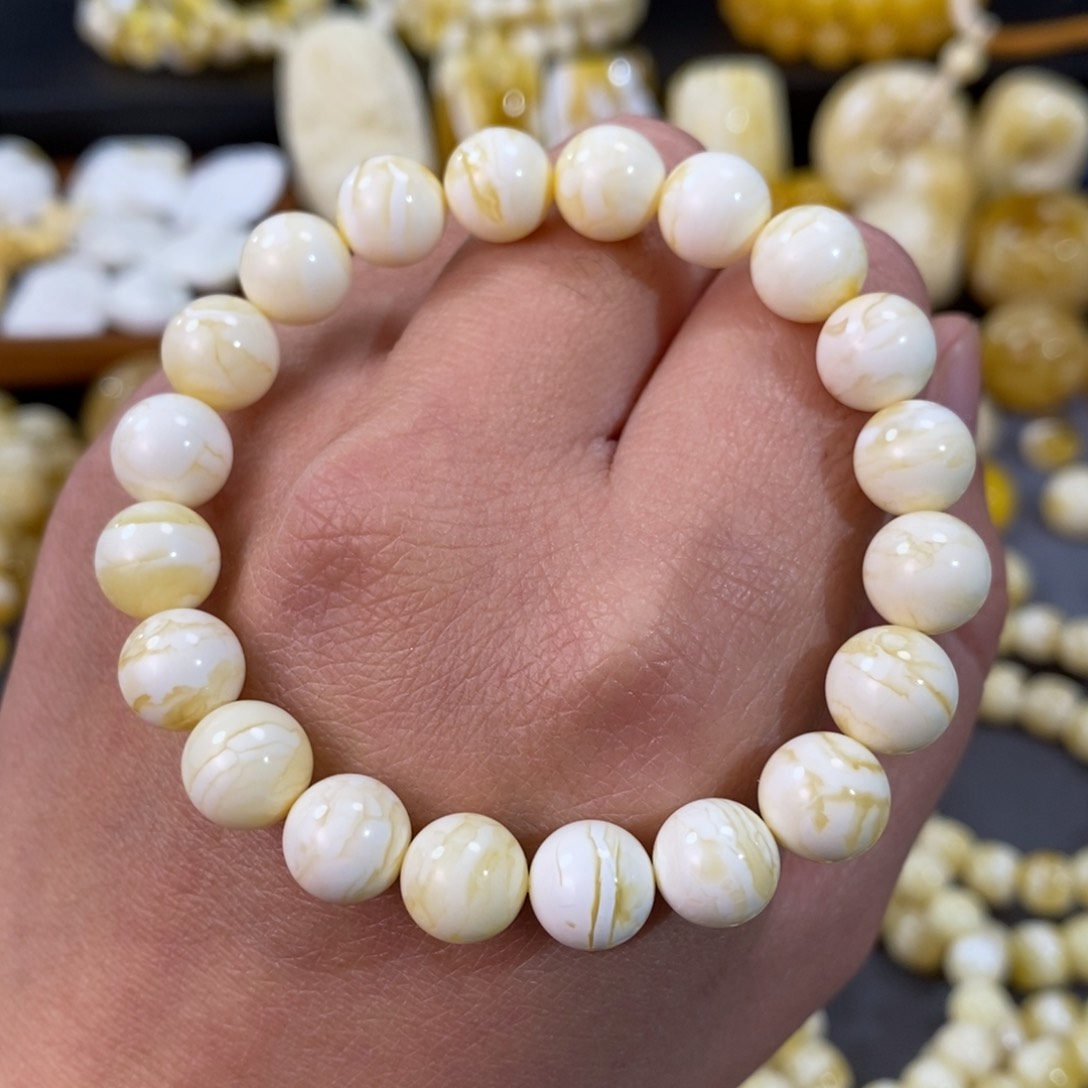 蜜蜡手串未镶嵌浓瓷白虎皮圆珠手串9