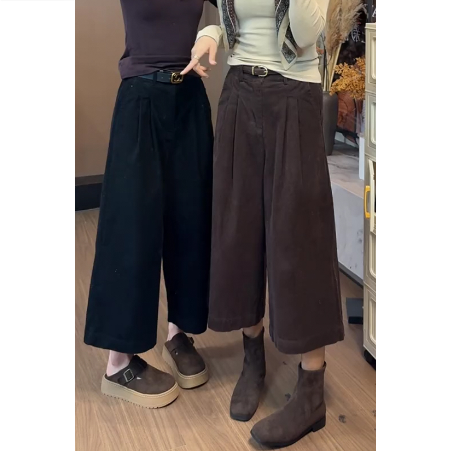 艾塔莉高腰休闲裤复古风秋冬灯芯绒阔腿裤直筒裤美拉德风八分裤